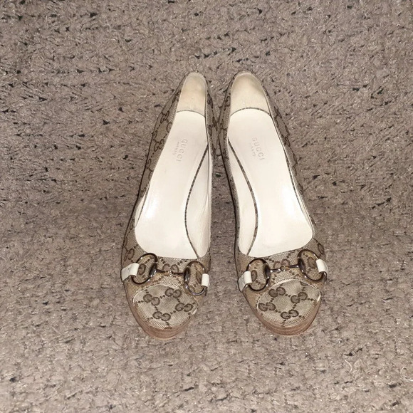 Vintage GUCCI-Horsebit Platform GG Monogram-Beige-Stacked Heels-Sz 9-Excellent - Picture 3 of 9